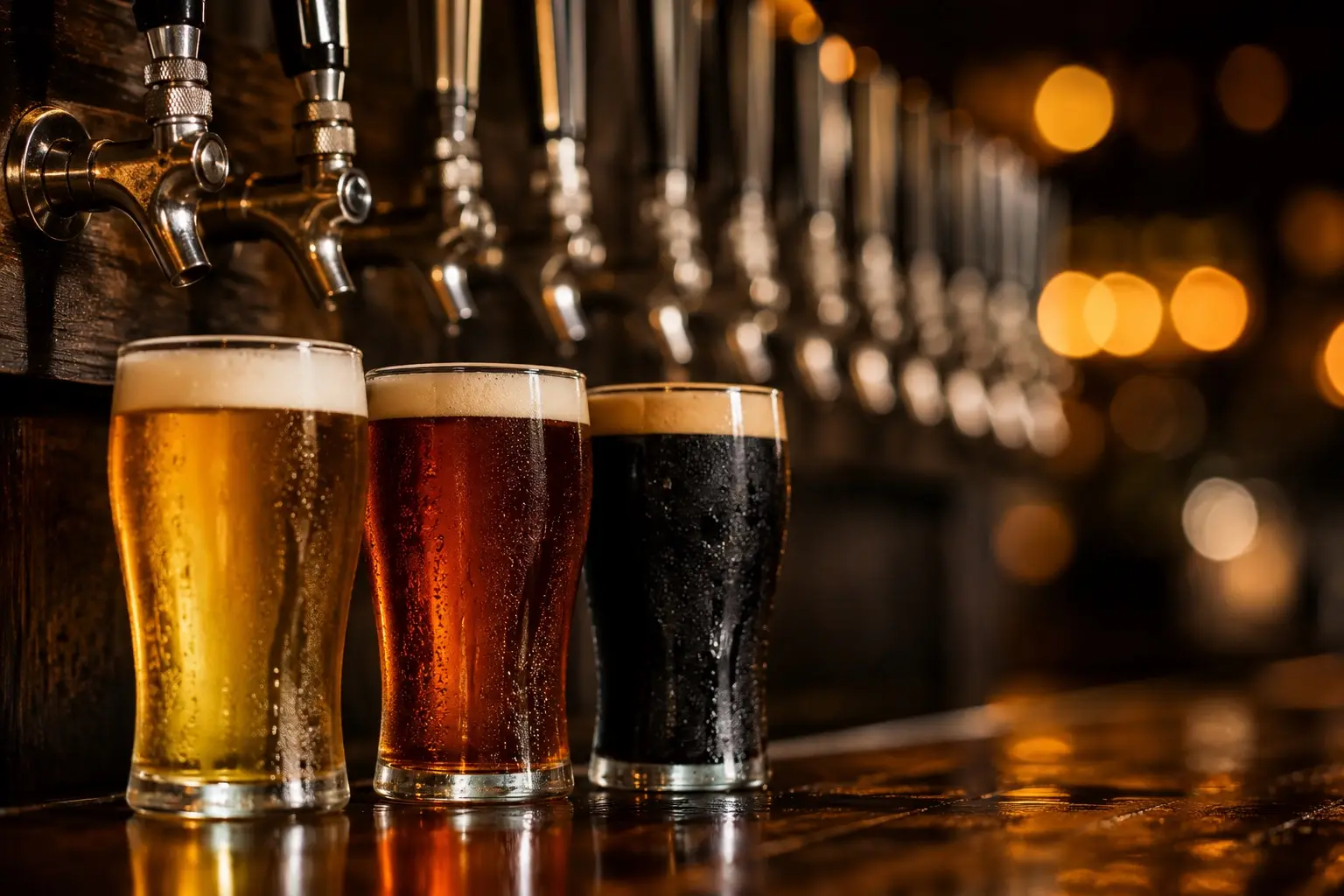 Three glasses of beer, a pale ale, an amber and a stout, standing on a dark wooden bar in front of a receding row of stainless steel tap handles, with warm amber lights out of focus behind.