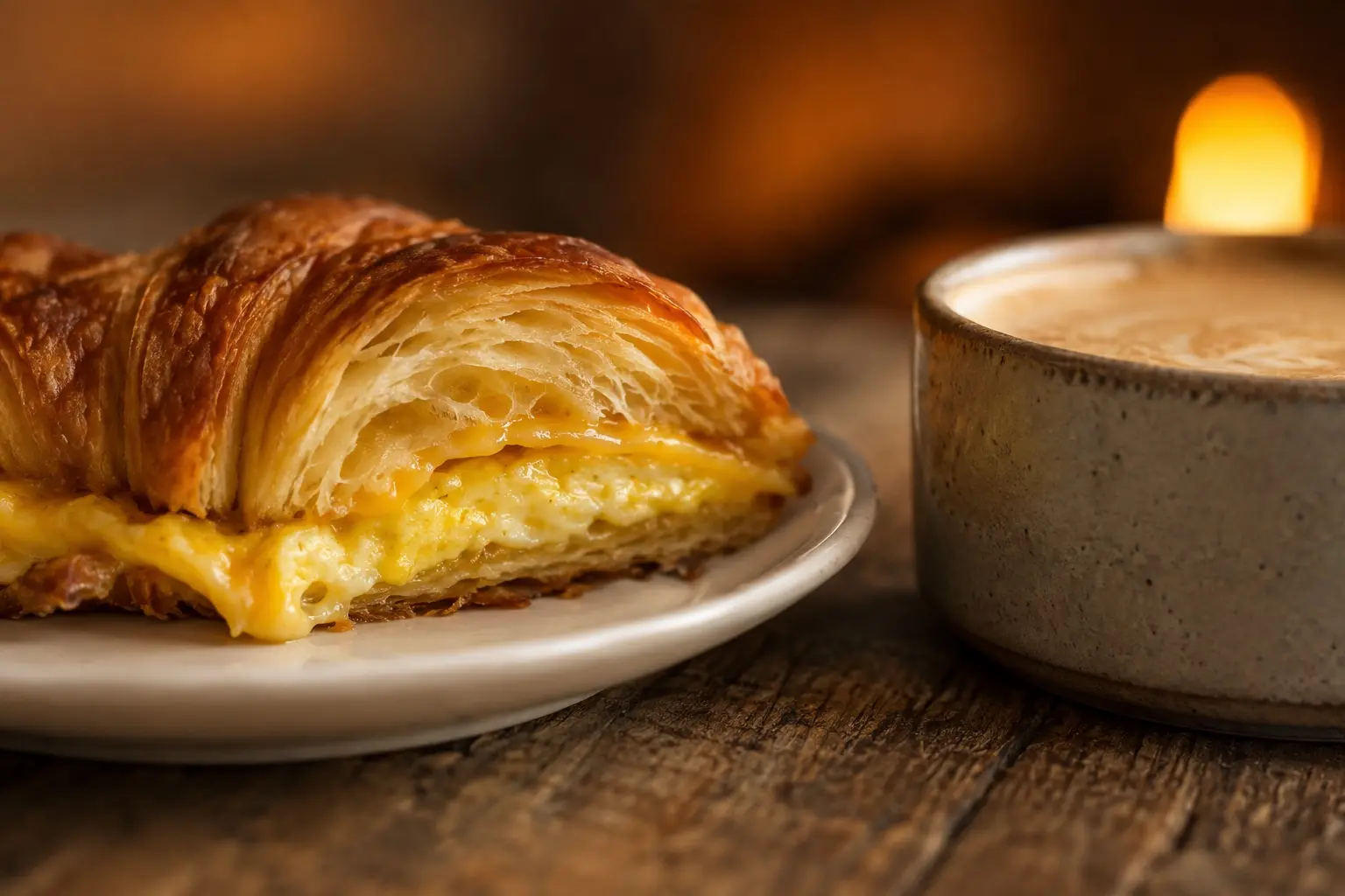A toasted croissant breakfast sandwich cut through to show the egg and melted cheese, on a plate beside a latte in a stoneware mug, on a worn wooden table with warm firelight glowing out of focus behind.