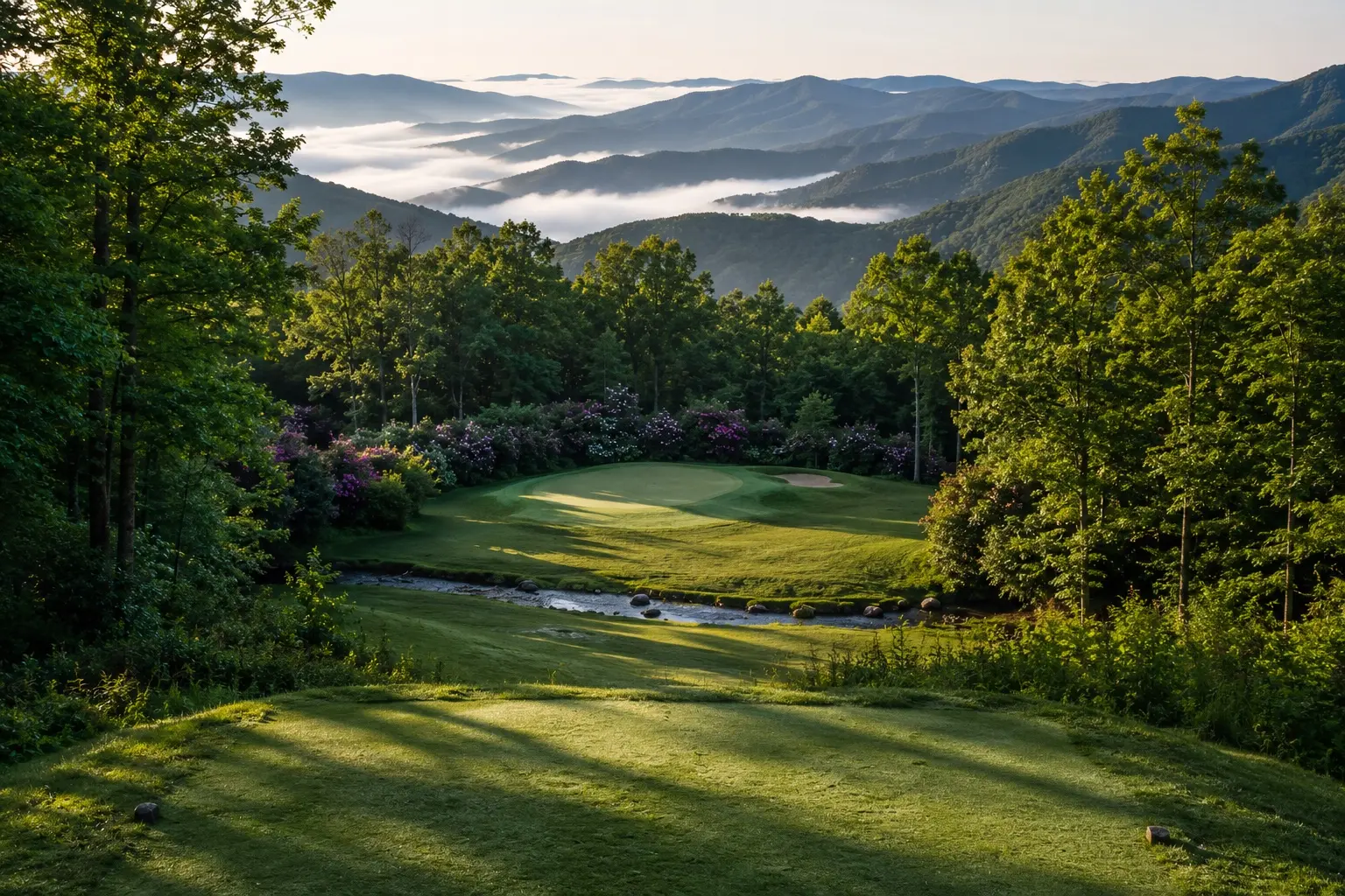 The view from an elevated tee on a mountain golf course early in the morning, looking downhill across a stream to a small green backed by rhododendron in bloom, with mist filling the valley and layered ridges beyond.