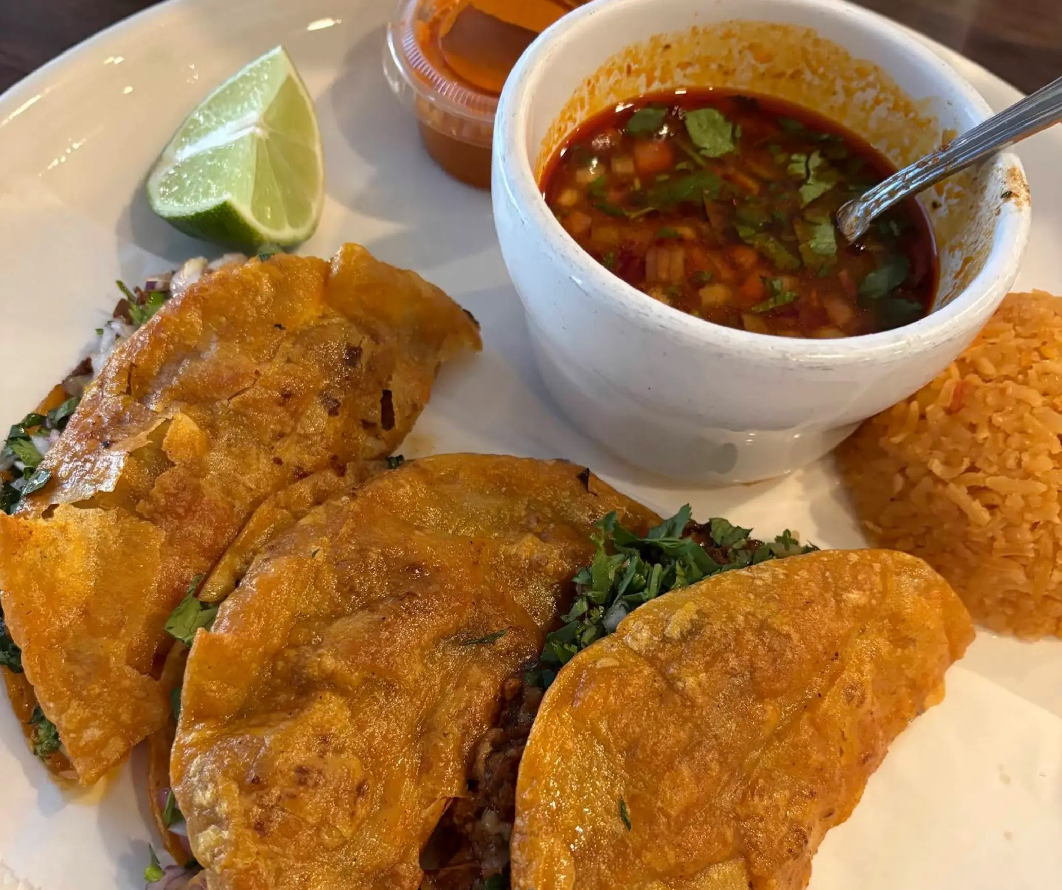 Delicious tacos and salsa from the salsa bar