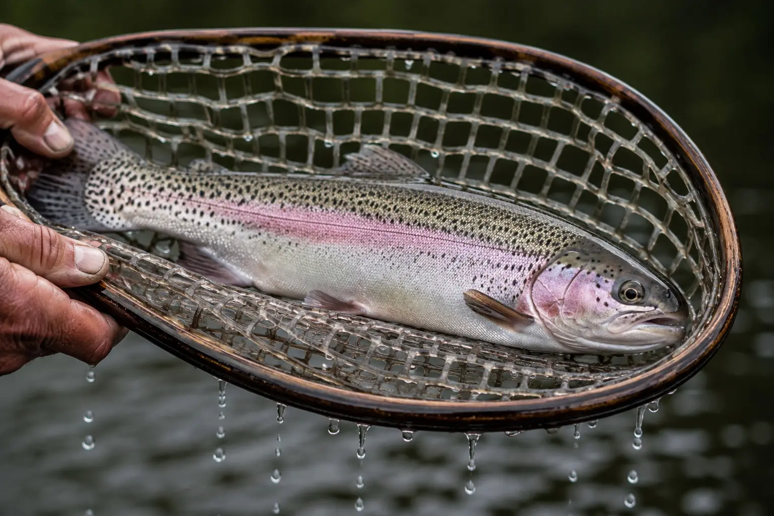 A freshly caught rainbow trout lying in the wet mesh of a landing net held over a pond, its pink stripe and dark spotting sharp, with water running from the net and a pair of hands gripping the rim at the edge of the frame.