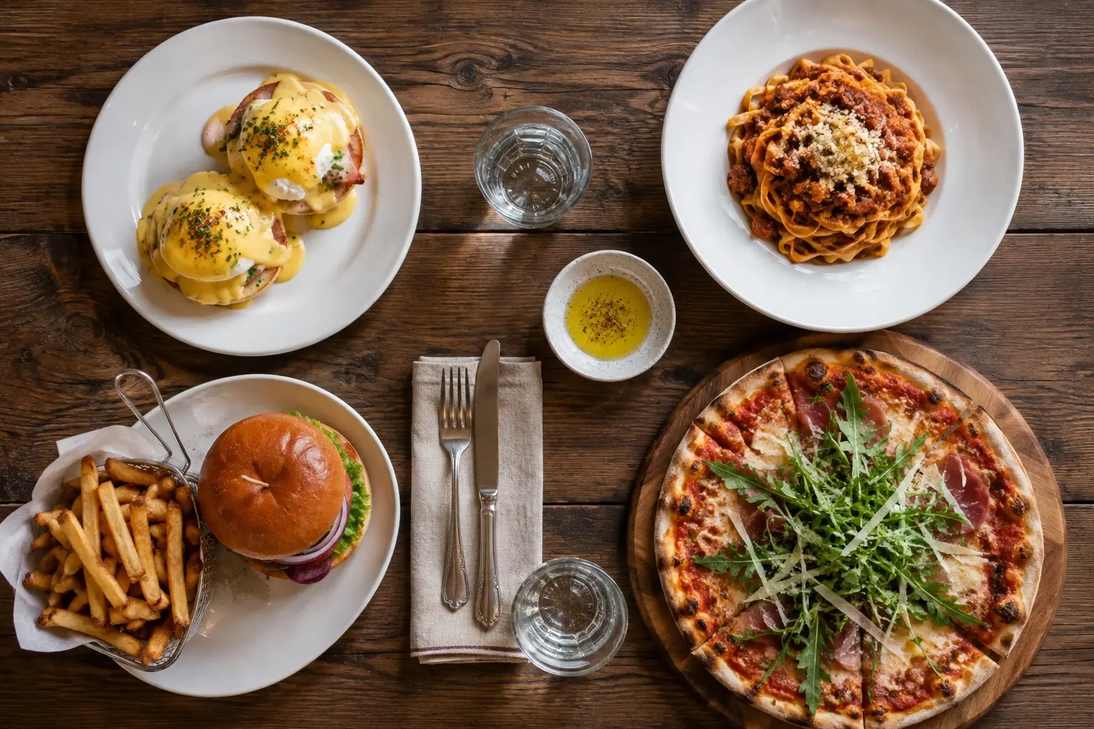 A wooden table photographed from directly overhead, set with an American plate of eggs Benedict and a burger on one side and an Italian bowl of pasta and a pizza on the other, with water glasses and cutlery laid between them.