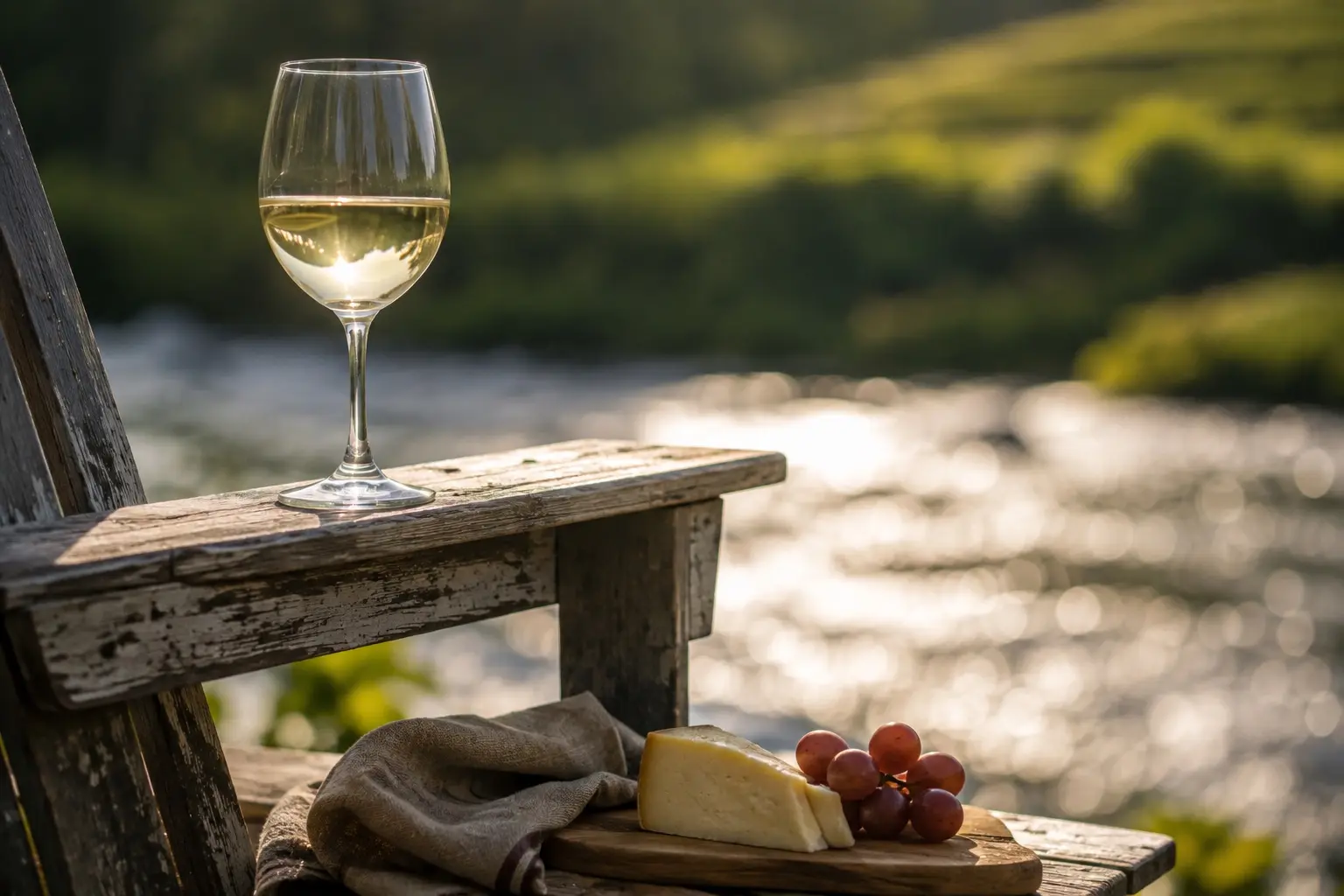 A glass of white wine standing on the broad wooden arm of a weathered Adirondack chair, with a wedge of cheese and grapes on a board below it and sunlight breaking into highlights on a river running out of focus behind.